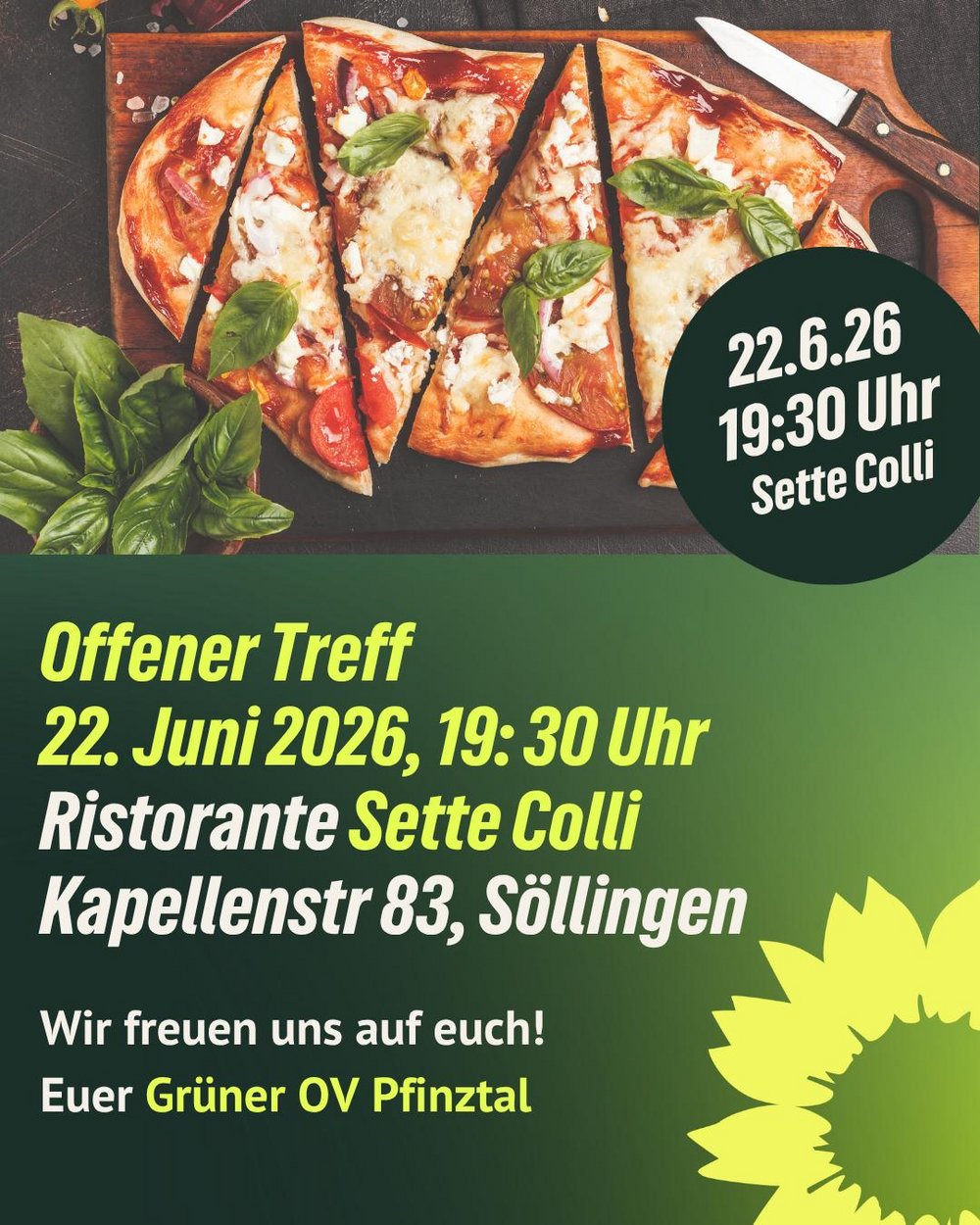 Sharepic: Nächster offener Treff am 22.06.2026 um 19:30 Uhr im Sette Colli in Söllingen